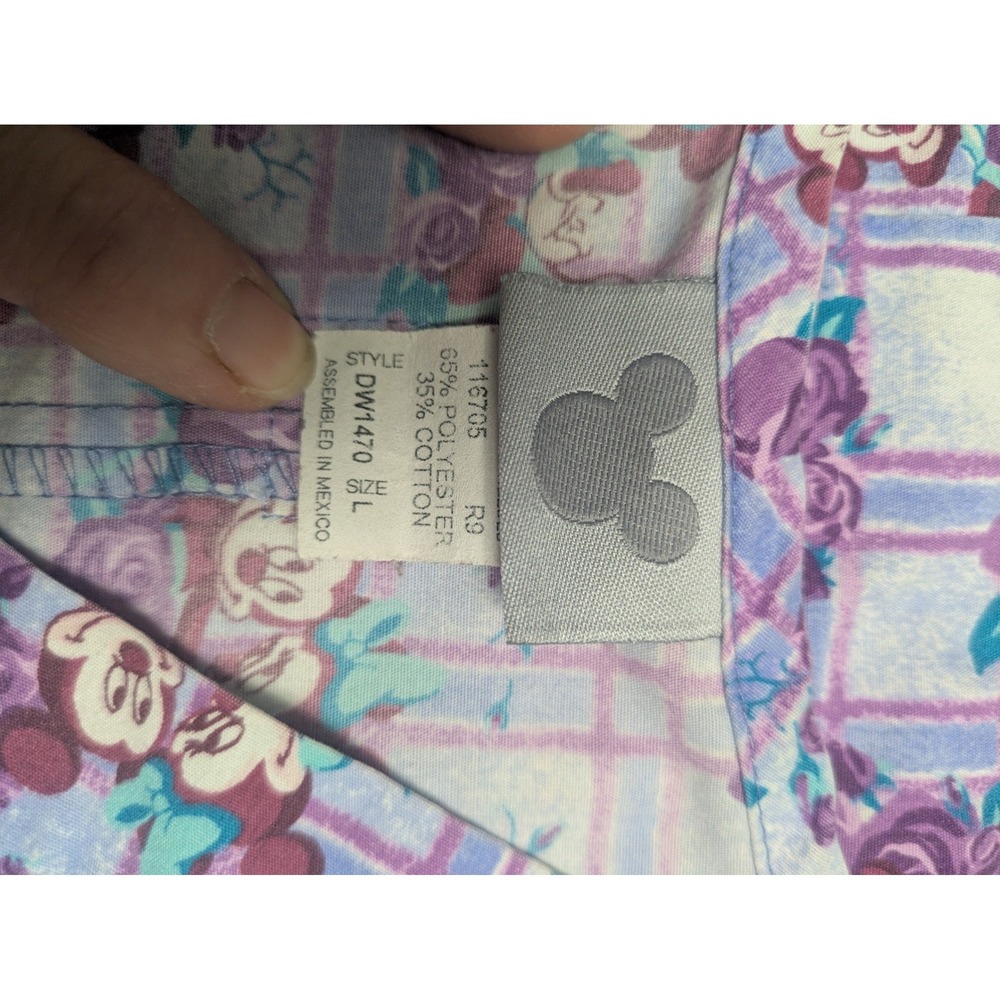 Disney Mickey Minnie Mouse Floral Plaid Scrub Top Purple V-Neck Large DW1470 - Picture 6 of 7